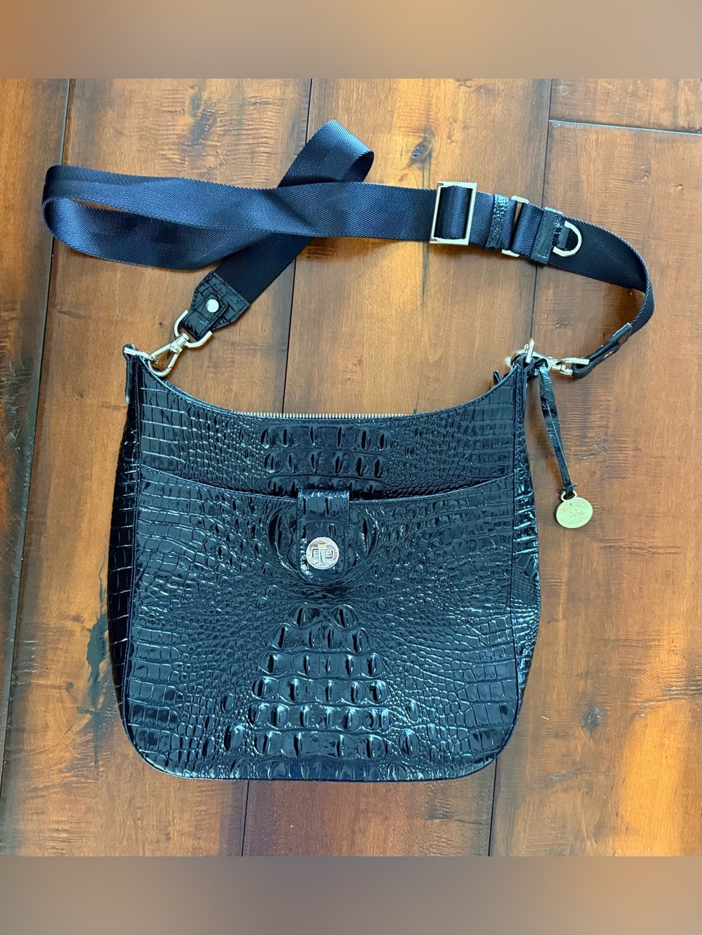 Brahmin Black Croc-Embossed Crossbody Shoulder Bag